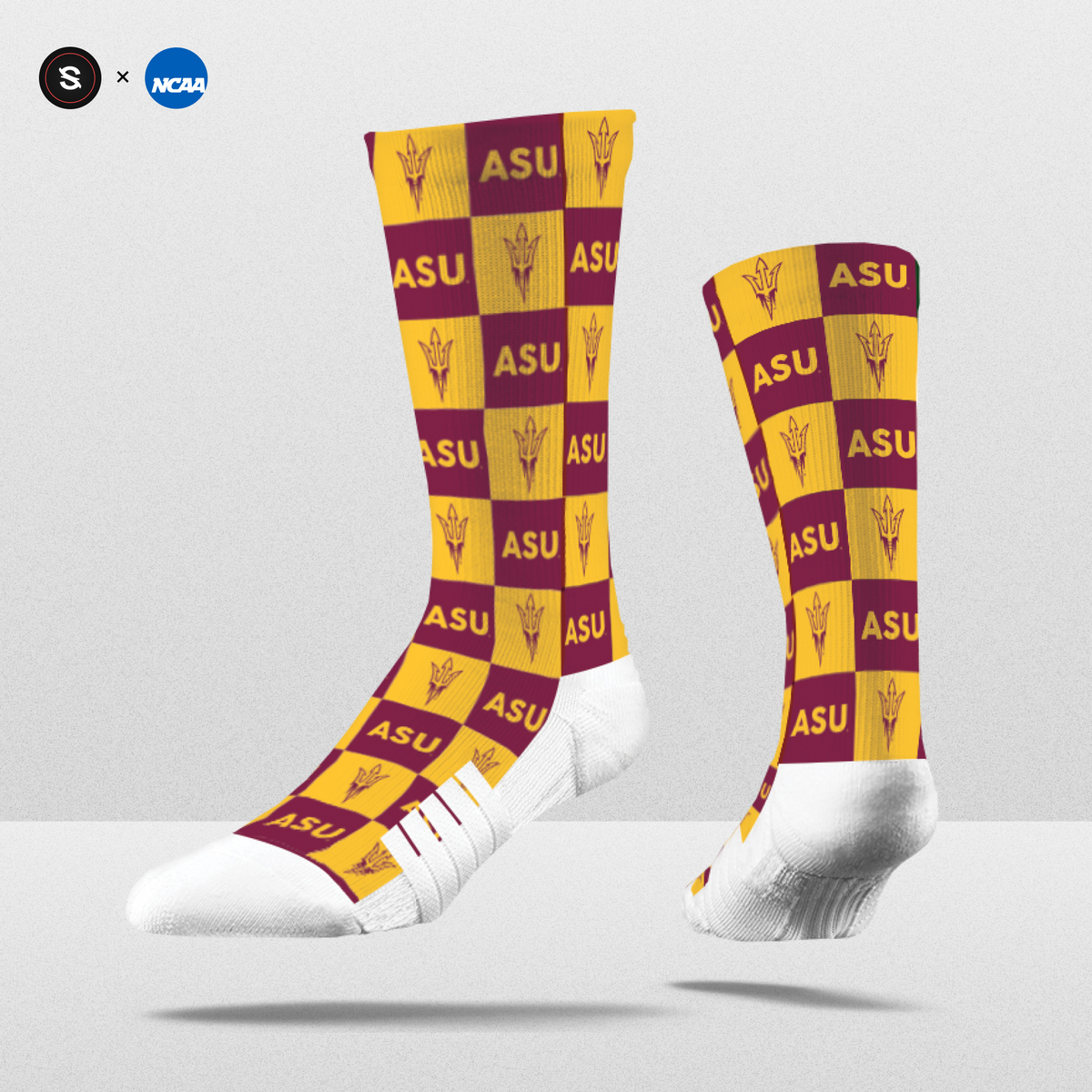 NCAA 70s Checkered socks in maroon and gold with ASU logo, limited edition crew fanwear.