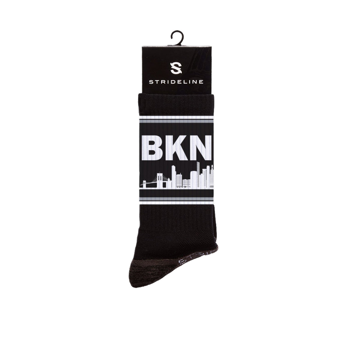 Skyline Crews Collection black socks featuring a skyline design and "BKN" text. Limited edition crew style.