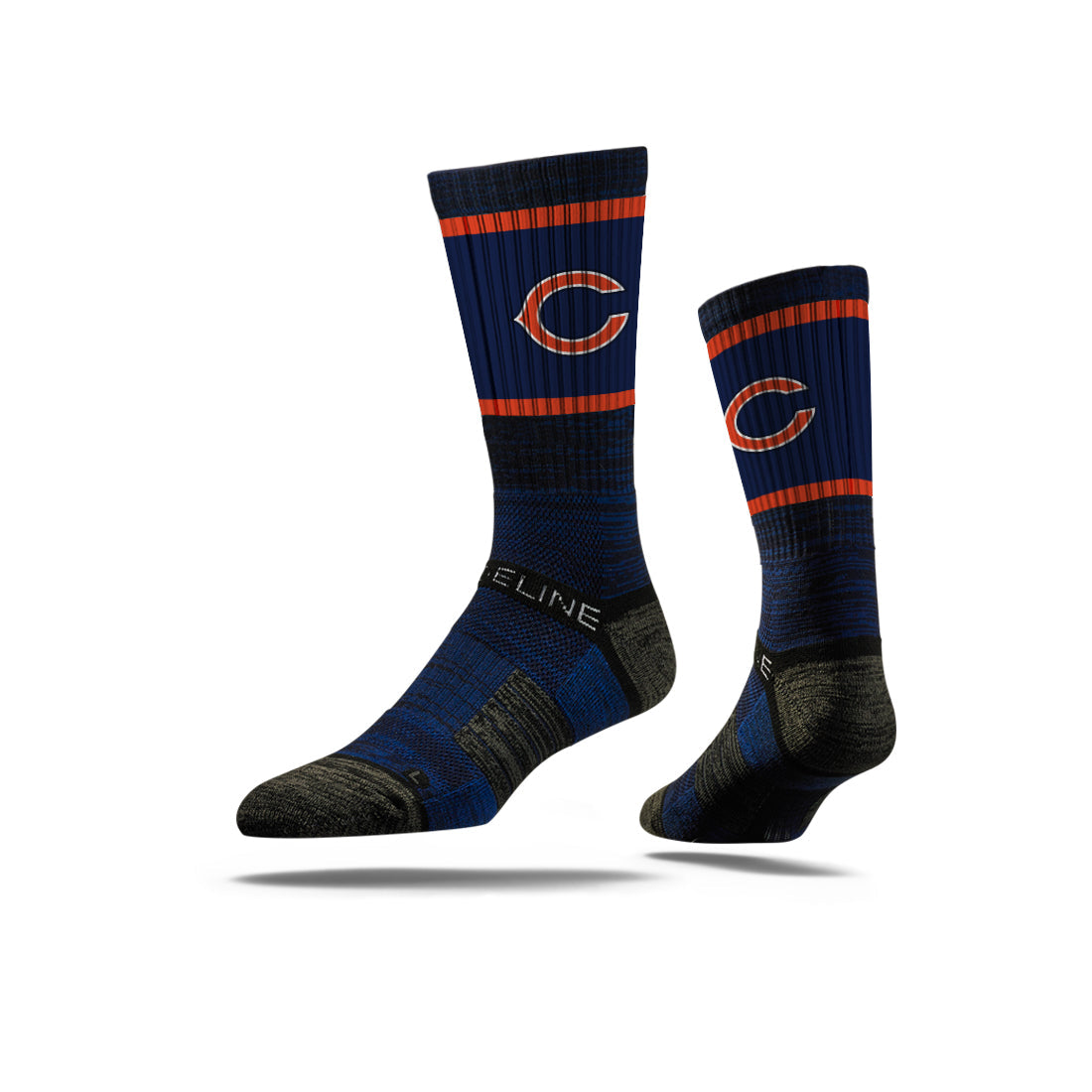 NFL Primary Logo Team Color Premium Crew socks in navy with sublimated team logo and striped design.