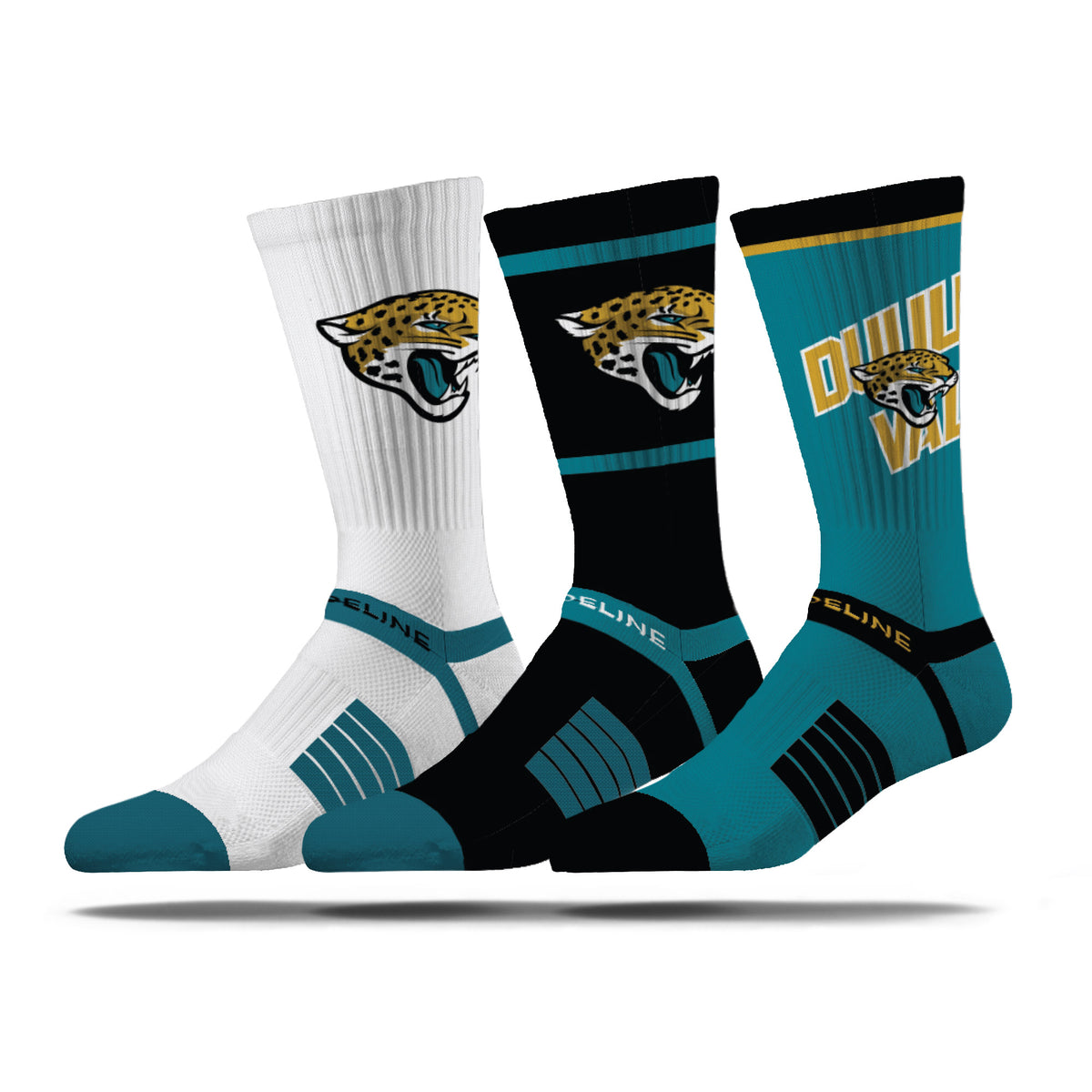 Jacksonville Jaguars premium knit crew socks in white, black, and teal with team logo and text design.