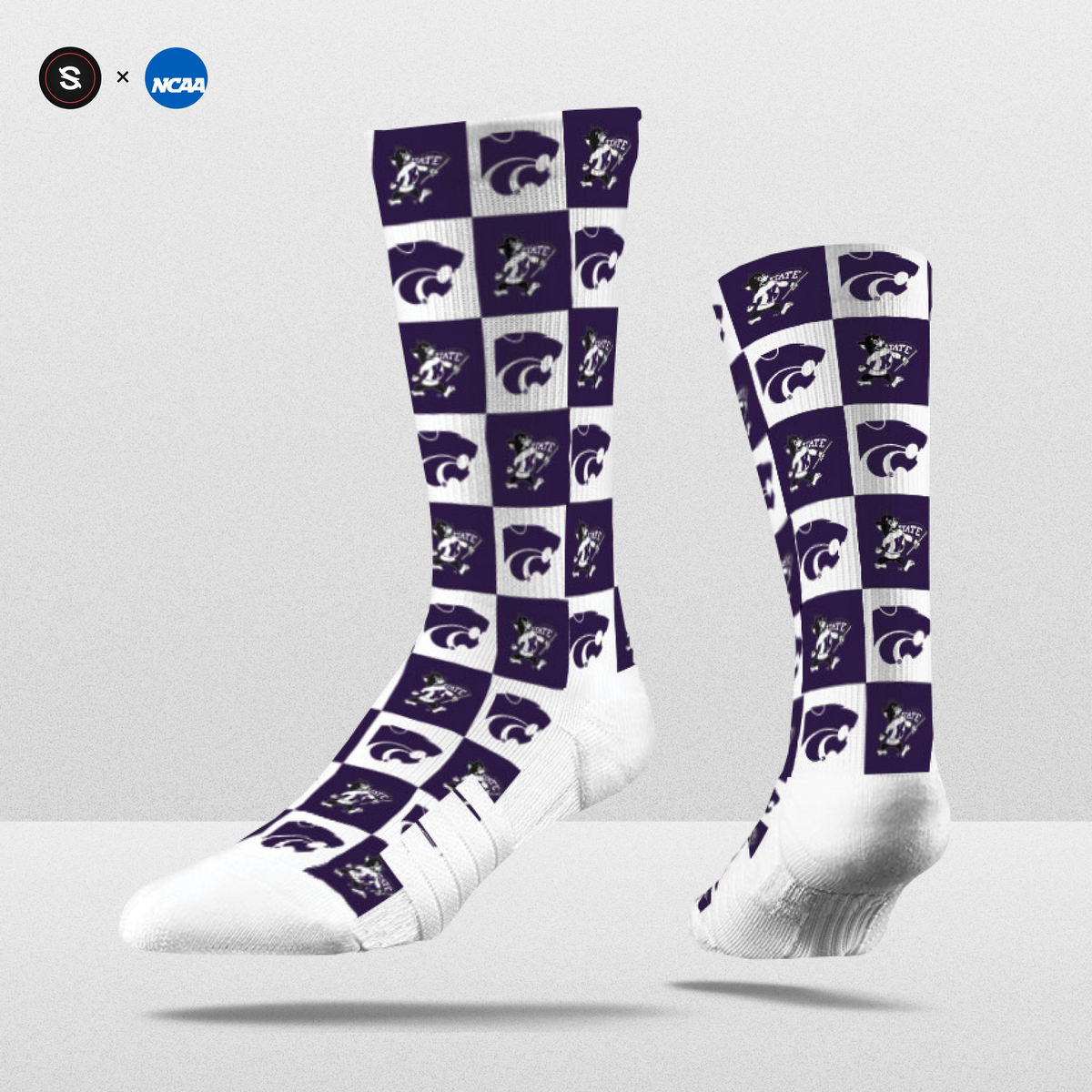 NCAA 70s Checkered socks featuring a purple and white checkered design with team logos. Limited edition fanwear.