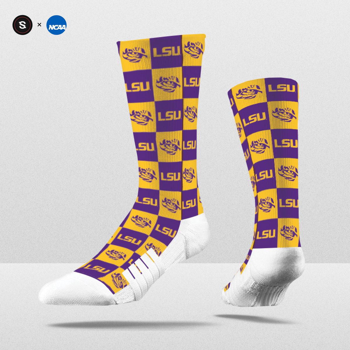 NCAA 70s Checkered socks in purple and gold with LSU logo, limited edition crew fanwear.