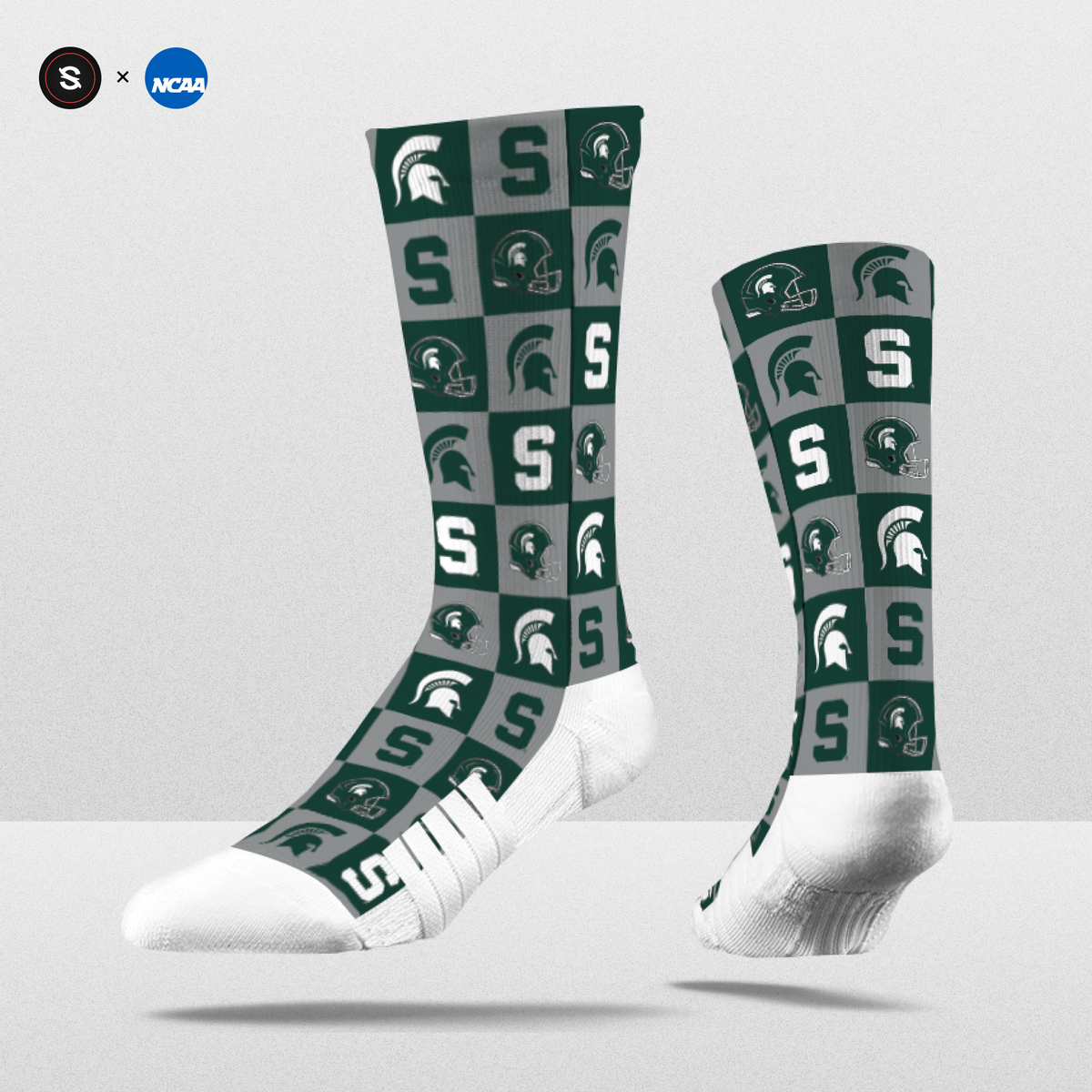 NCAA 70s Checkered socks featuring a green and white checkered design with team logos. Limited edition fanwear.