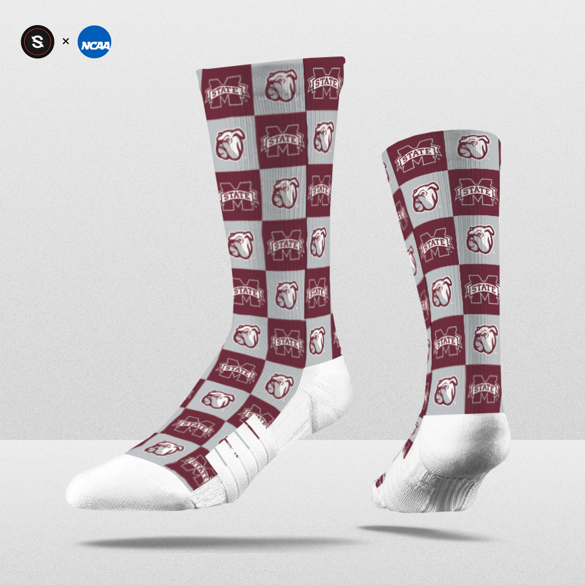 NCAA 70s Checkered socks in maroon and white with a checkered design and team logos. Limited edition fanwear.
