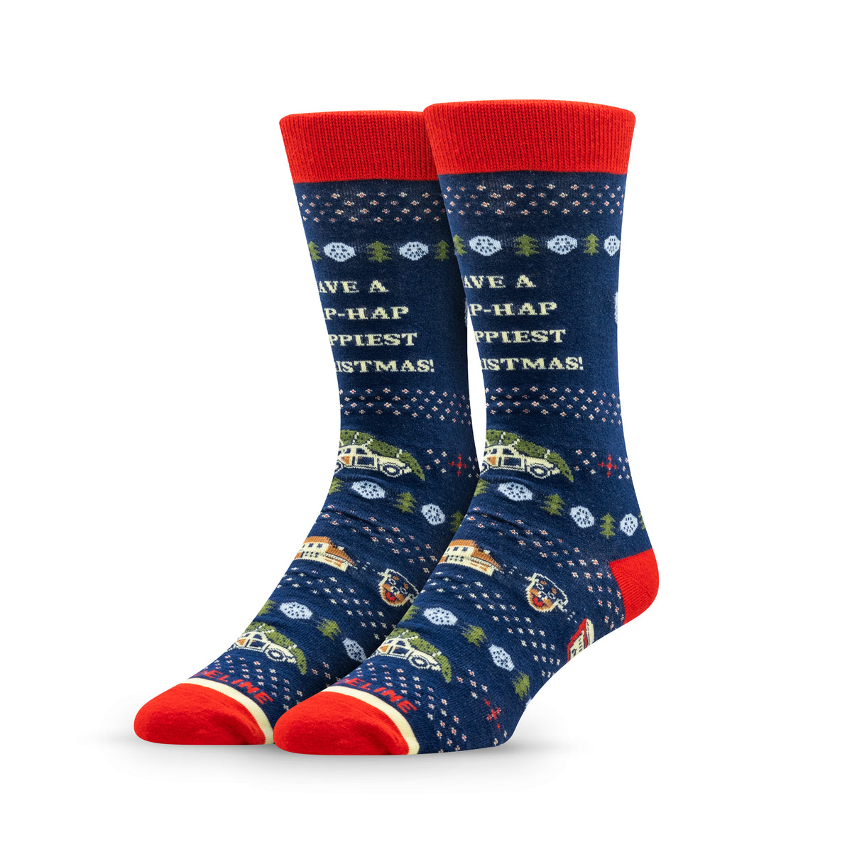 Festive blue socks with red accents, featuring Christmas-themed designs and the text "Have a HAP-HAP-Happiest Christmas!