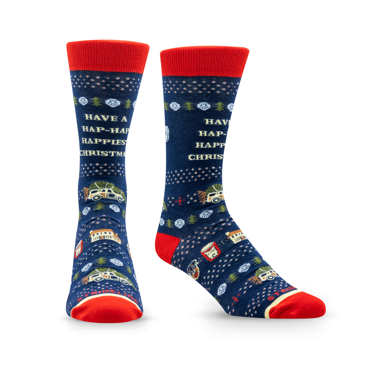 Navy blue socks with festive patterns, red accents, and the text "Have a Hap-Hap-Happiest Christmas.