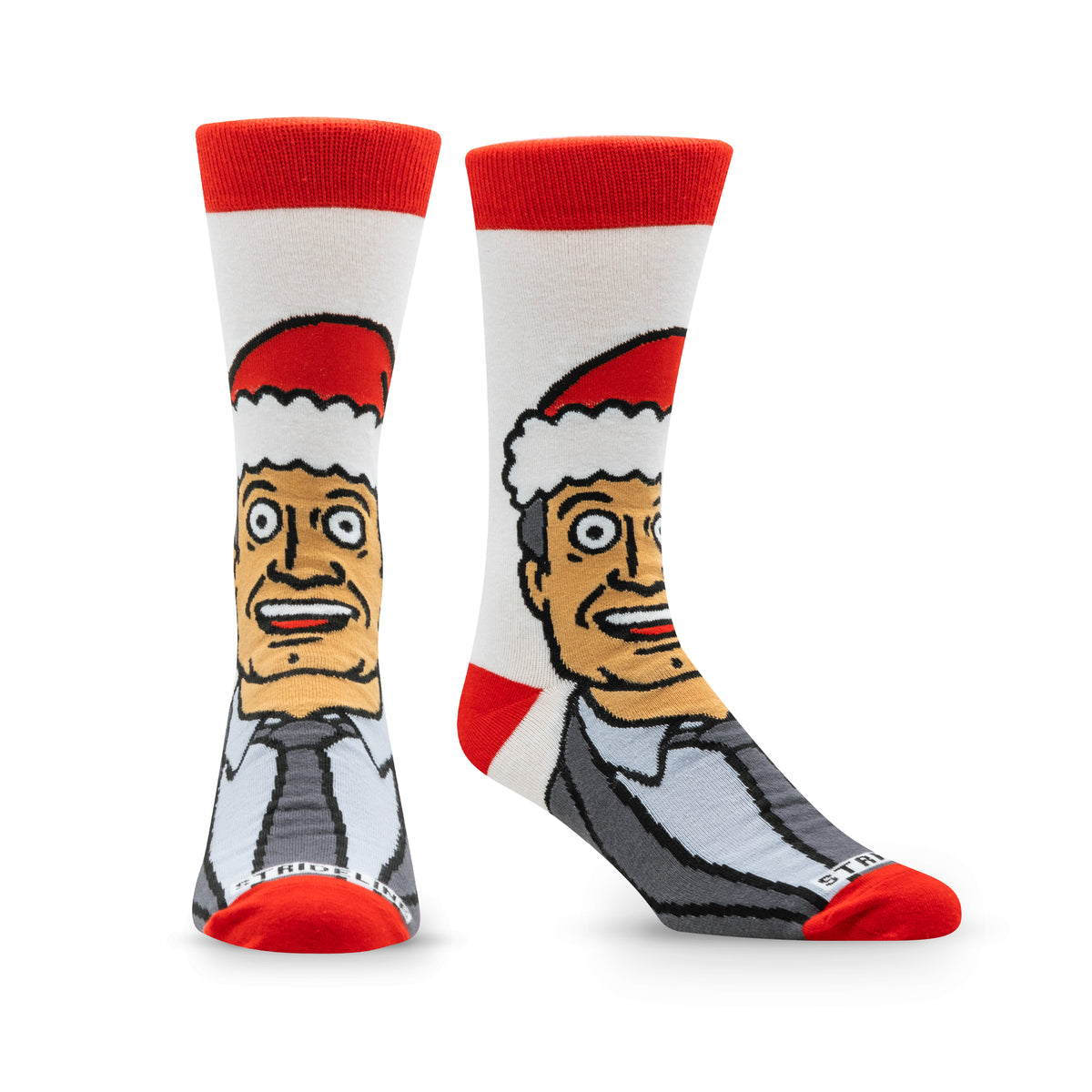Christmas-themed socks featuring a cartoon character with a surprised expression and a Santa hat.