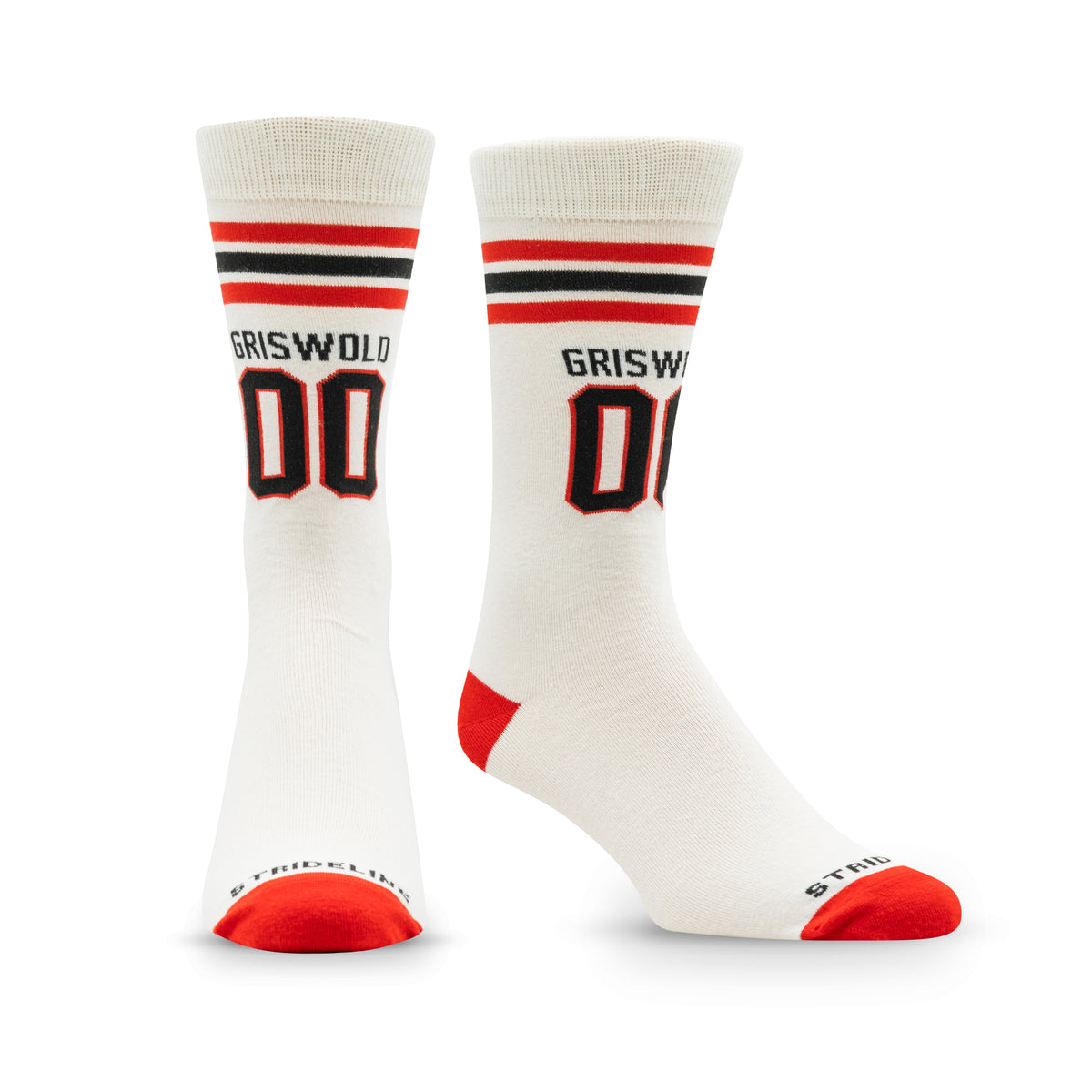 White socks with red and black stripes, featuring "GRISWOLD" and "00" printed on the front.