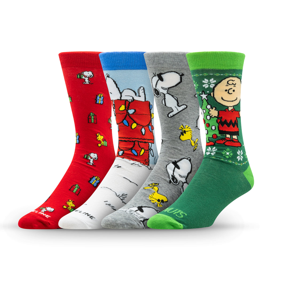 Colorful socks featuring Snoopy, Charlie Brown, and other Peanuts characters in festive designs.