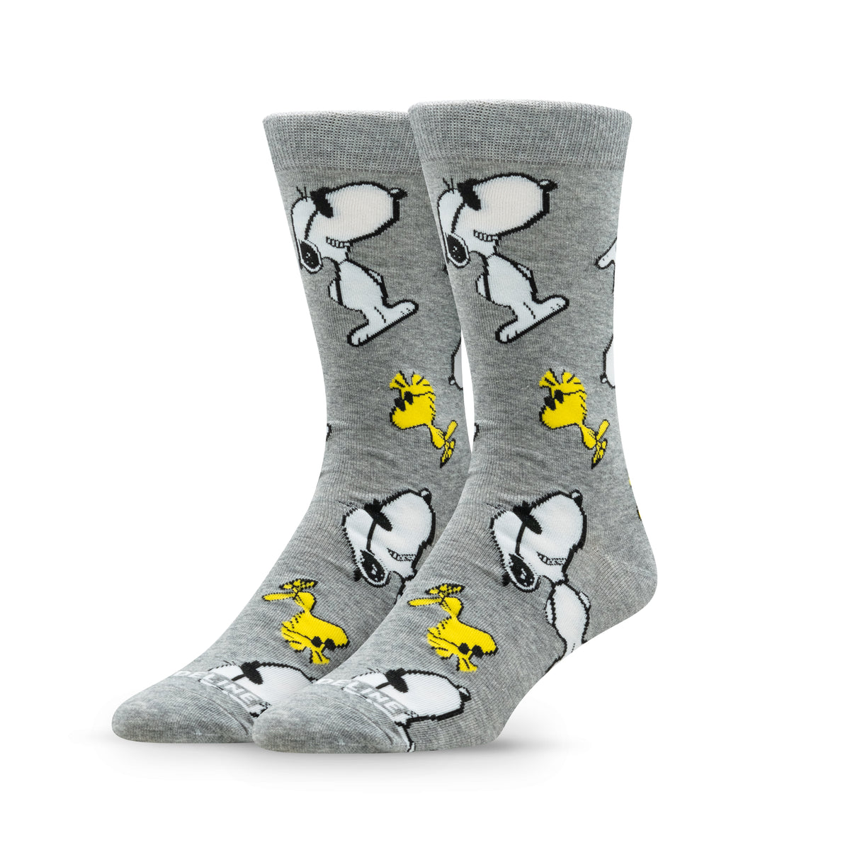 Gray socks featuring Snoopy and Woodstock in playful poses.