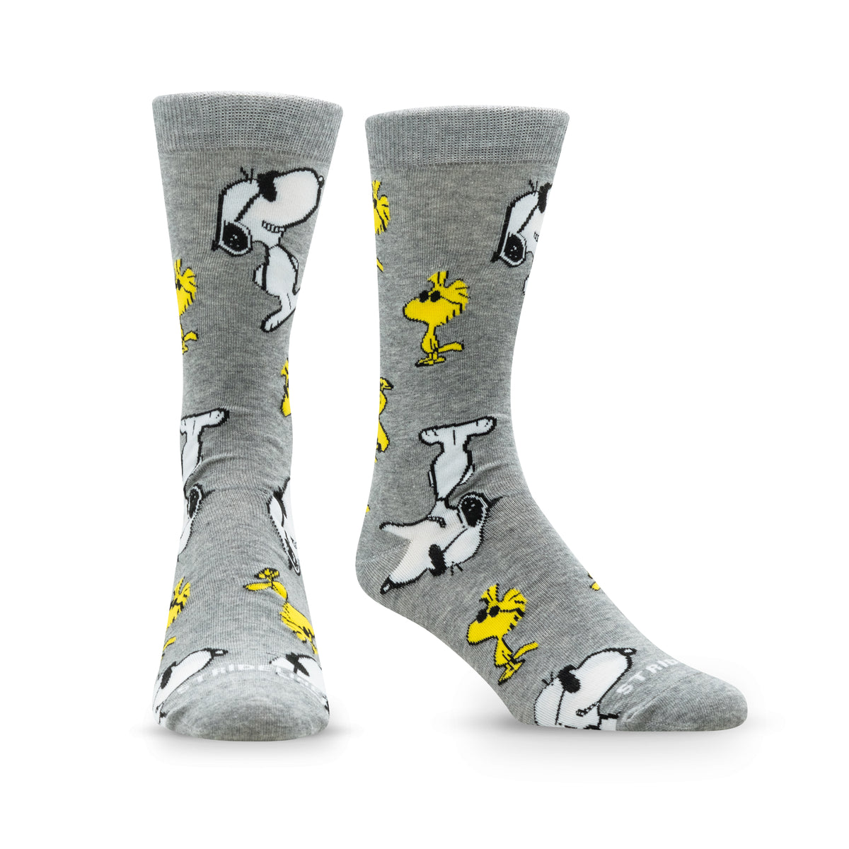 Gray socks featuring Snoopy and Woodstock in playful poses.