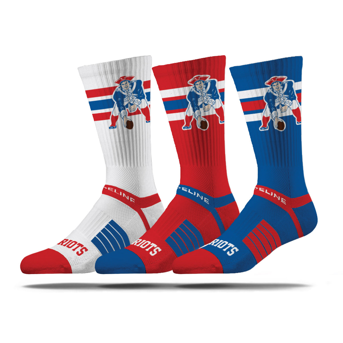 NFL 3 Pack socks featuring retro designs in red, white, and blue with team logos. Perfect for fans and collectors.