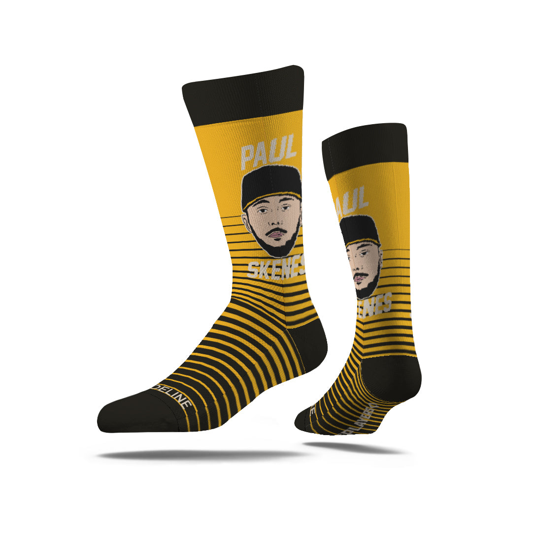 Yellow and black socks featuring a graphic of Paul Skenes with stripes and his name printed on them.