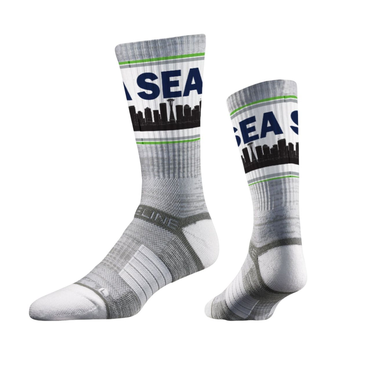 Skyline Crews Collection socks featuring a city skyline design in gray and green. Limited edition crew style.