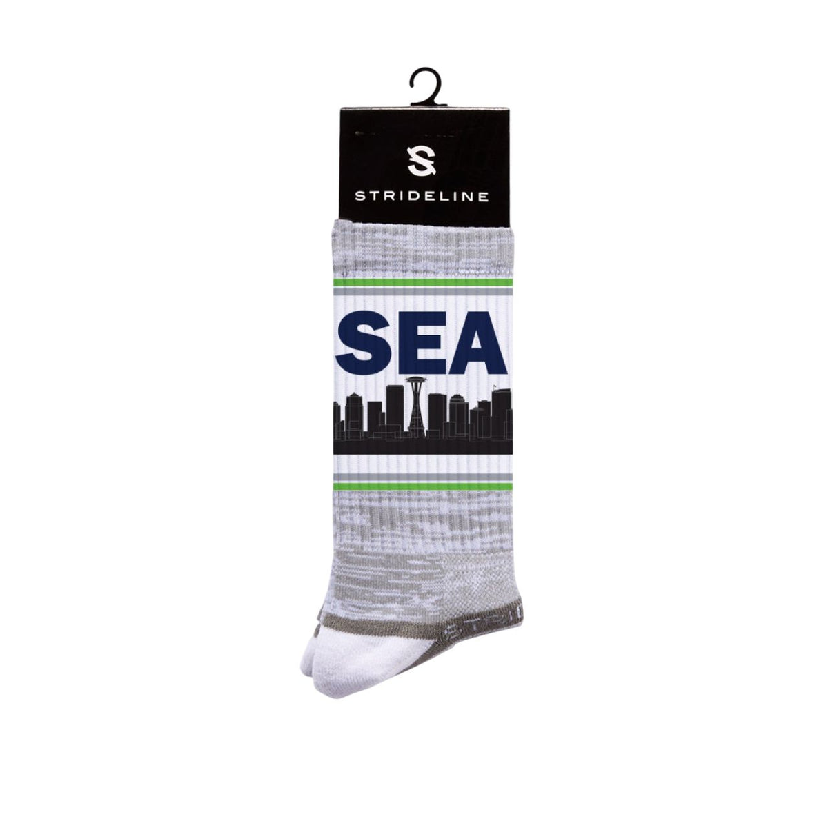 Skyline Crews Collection socks featuring Seattle skyline design in gray and white. Limited Edition.