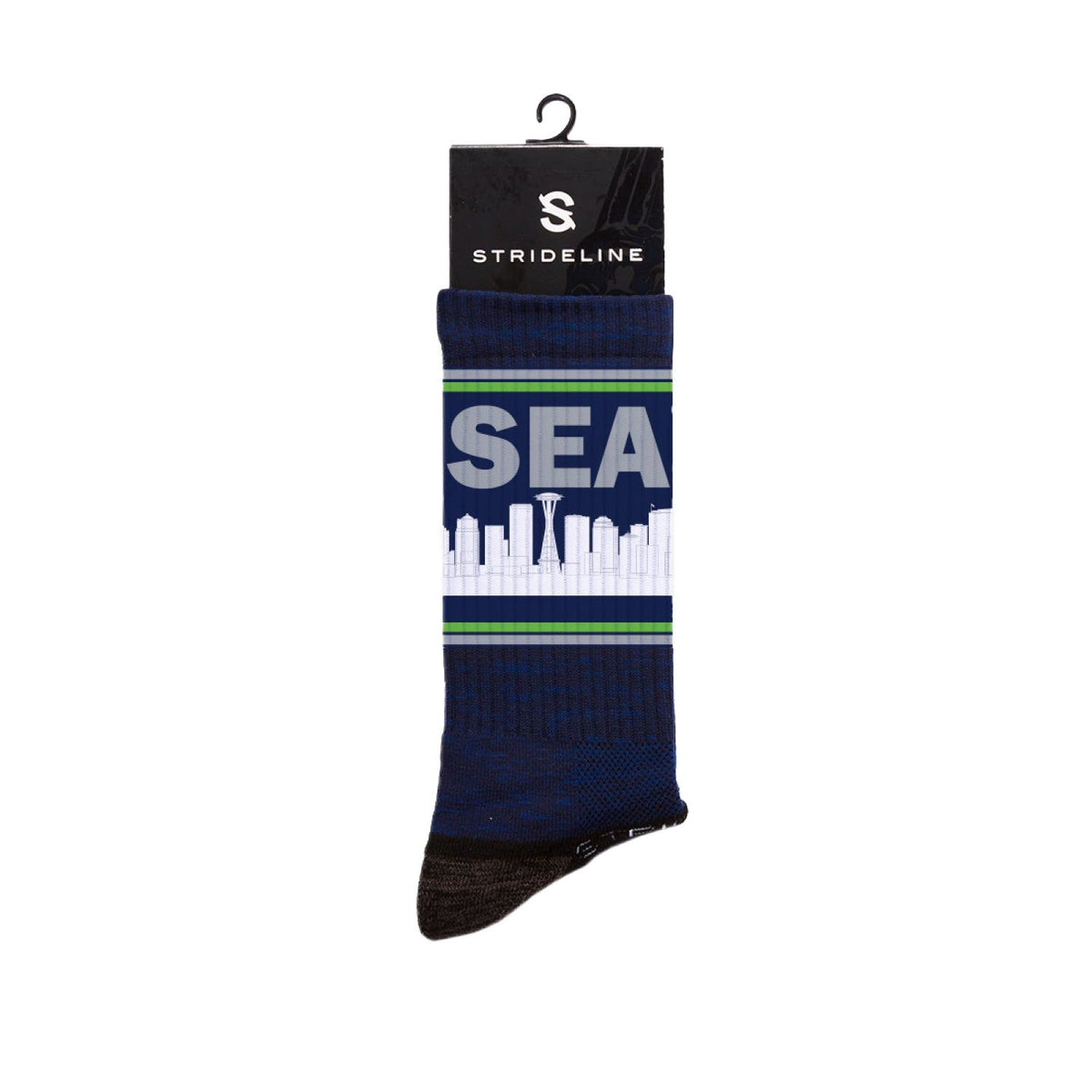 Skyline Crews Collection socks featuring Seattle skyline design in navy and white. Limited edition crew socks.