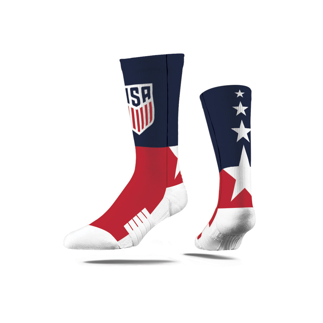 US Soccer Premium Full Sub socks featuring a red, white, and blue Americana design.