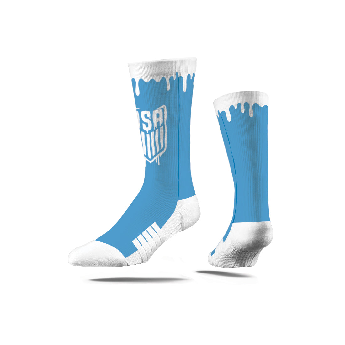 US Soccer Premium Full Sub Drip socks in blue with white accents and logo.