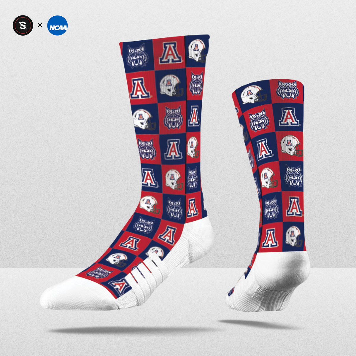 NCAA 70s Checkered socks featuring team logos in red, navy, and white; limited edition fanwear.
