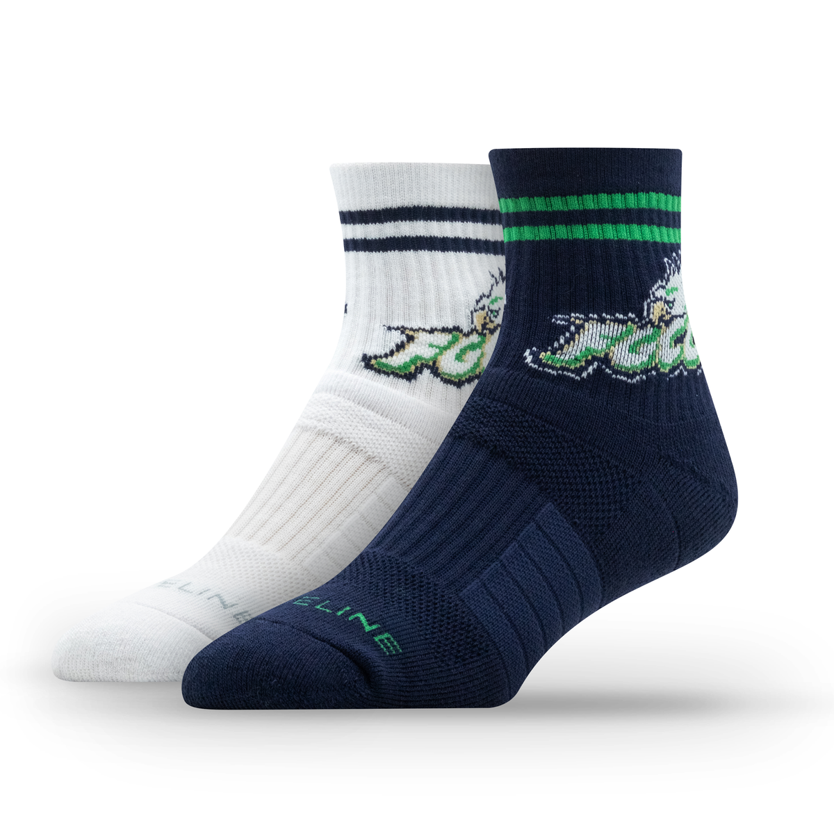 NCAA half calf knit socks in navy and white, featuring Florida Gulf Coast University logo and stripes.