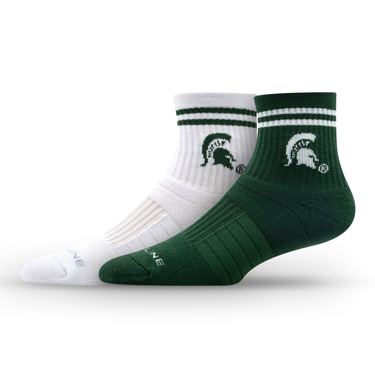 Two-pack of Michigan State University half-calf knit socks in green and white with logo and striped design.