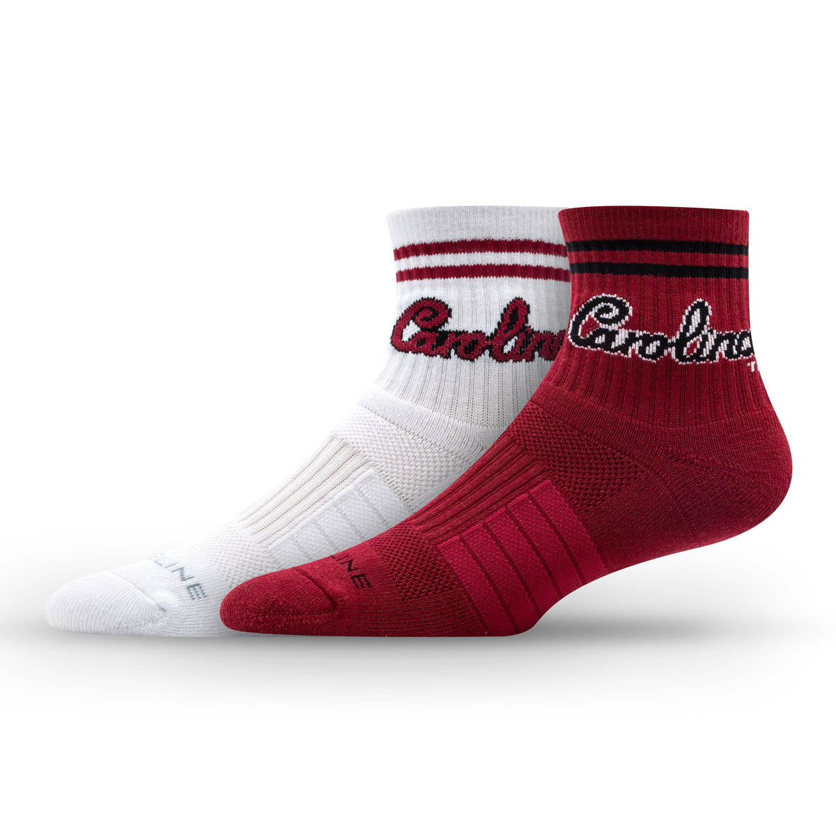 Red and white half-calf knit socks featuring "Carolina" text and striped design, sold in a 2-pack.