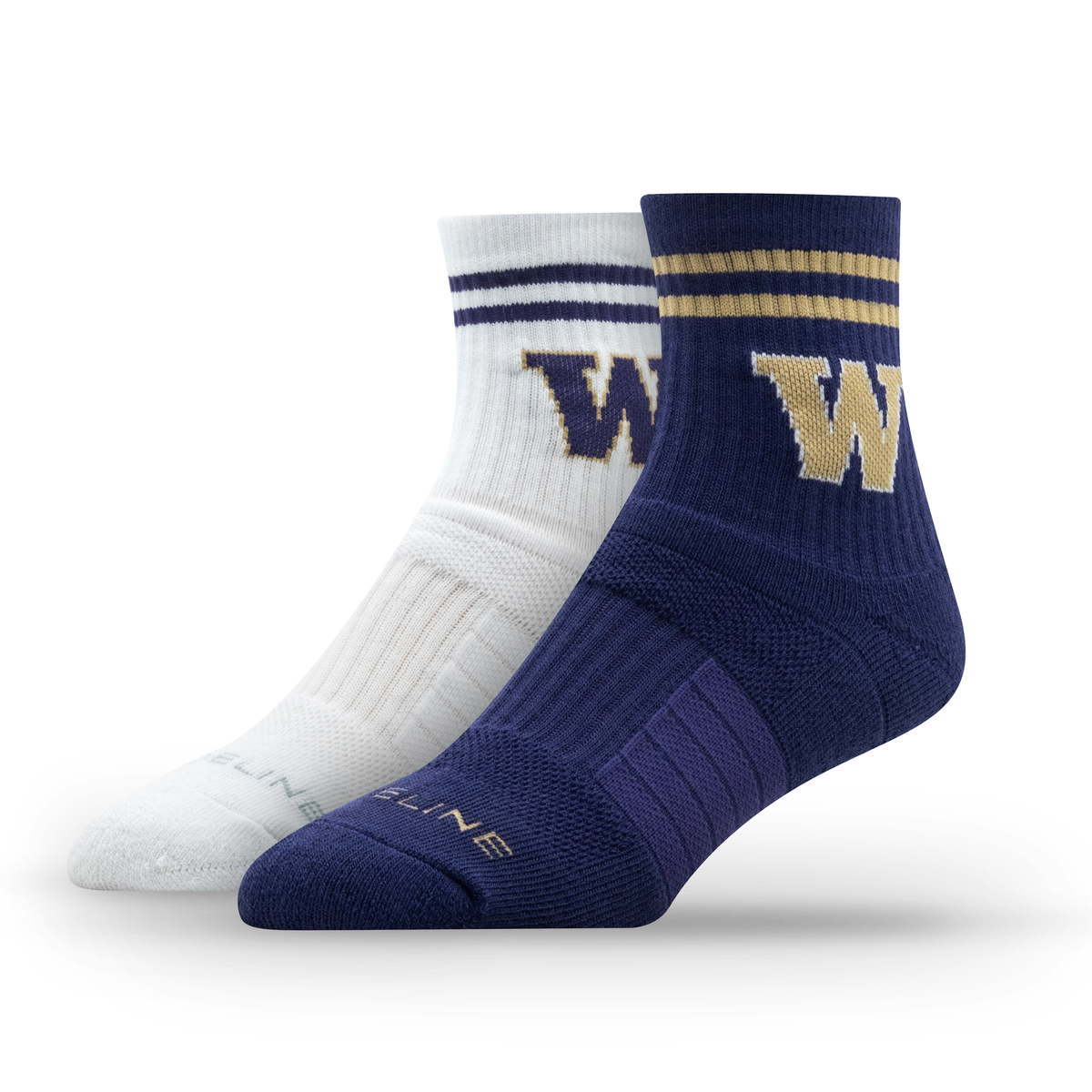 NCAA half-calf knit socks in white and navy, featuring the University of Washington logo and stripes.