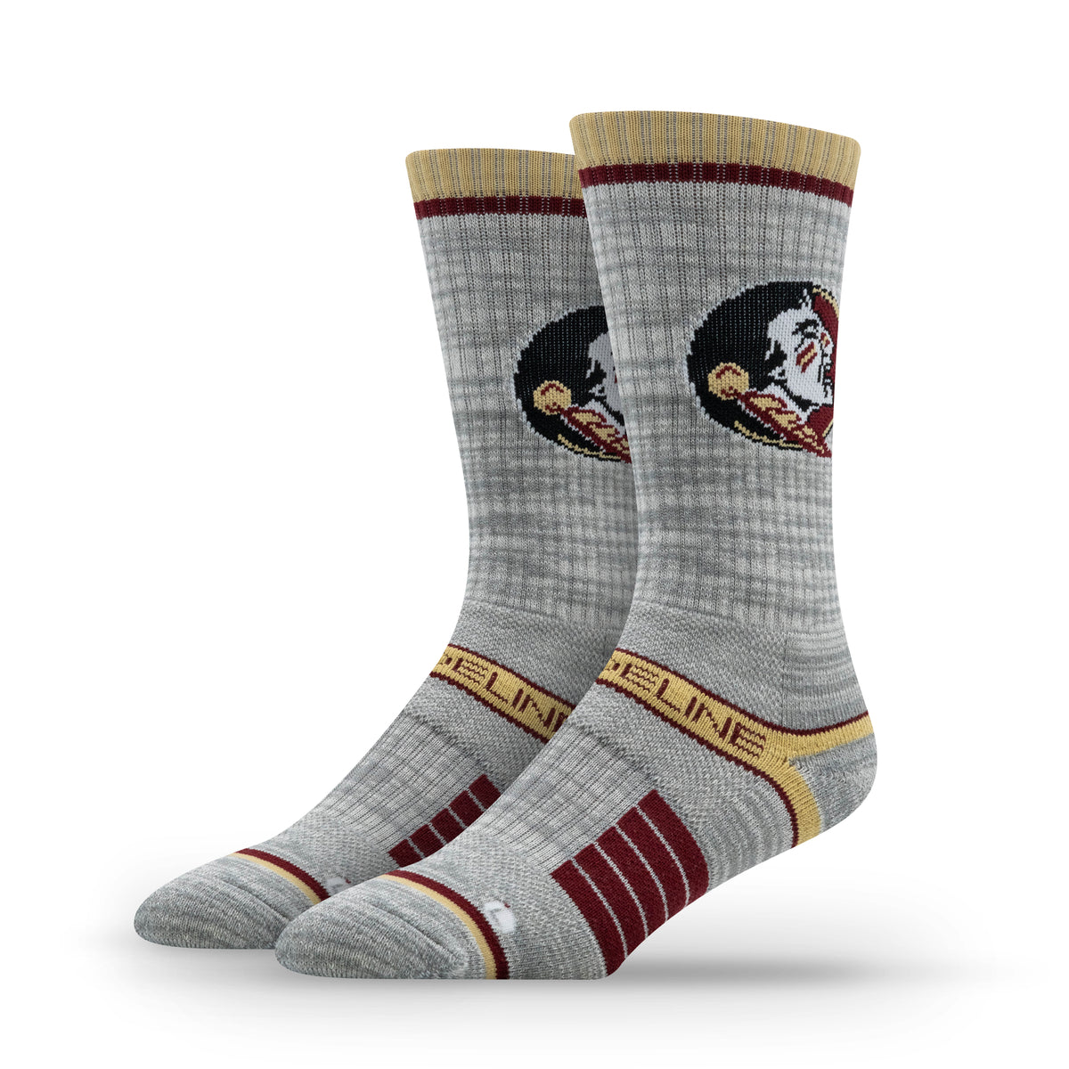 Gray knit socks featuring Florida State University logo and colors, with ribbed cuffs and striped detailing.