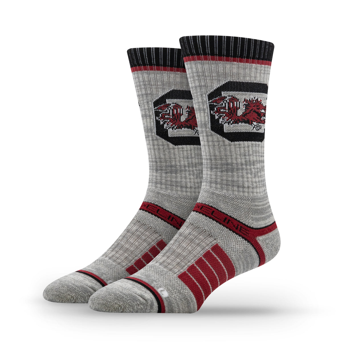 Premium wool knit socks featuring the University of South Carolina logo in gray, black, and red colors.
