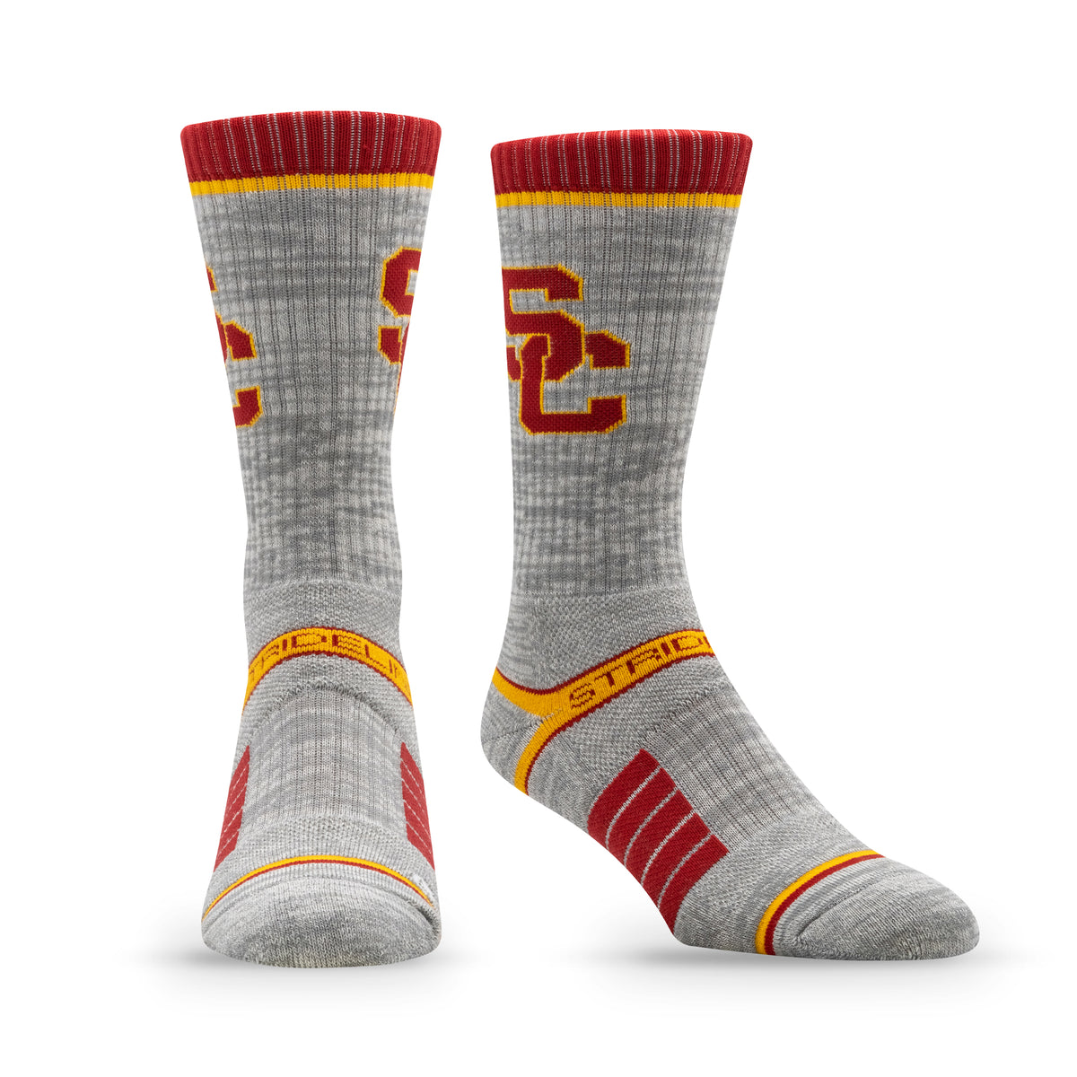 Premium wool knit socks in gray with red and yellow accents, featuring the University of Southern California logo.