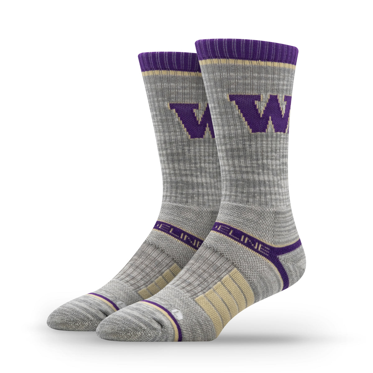 Premium wool knit socks in gray with purple University of Washington logo and striped design.