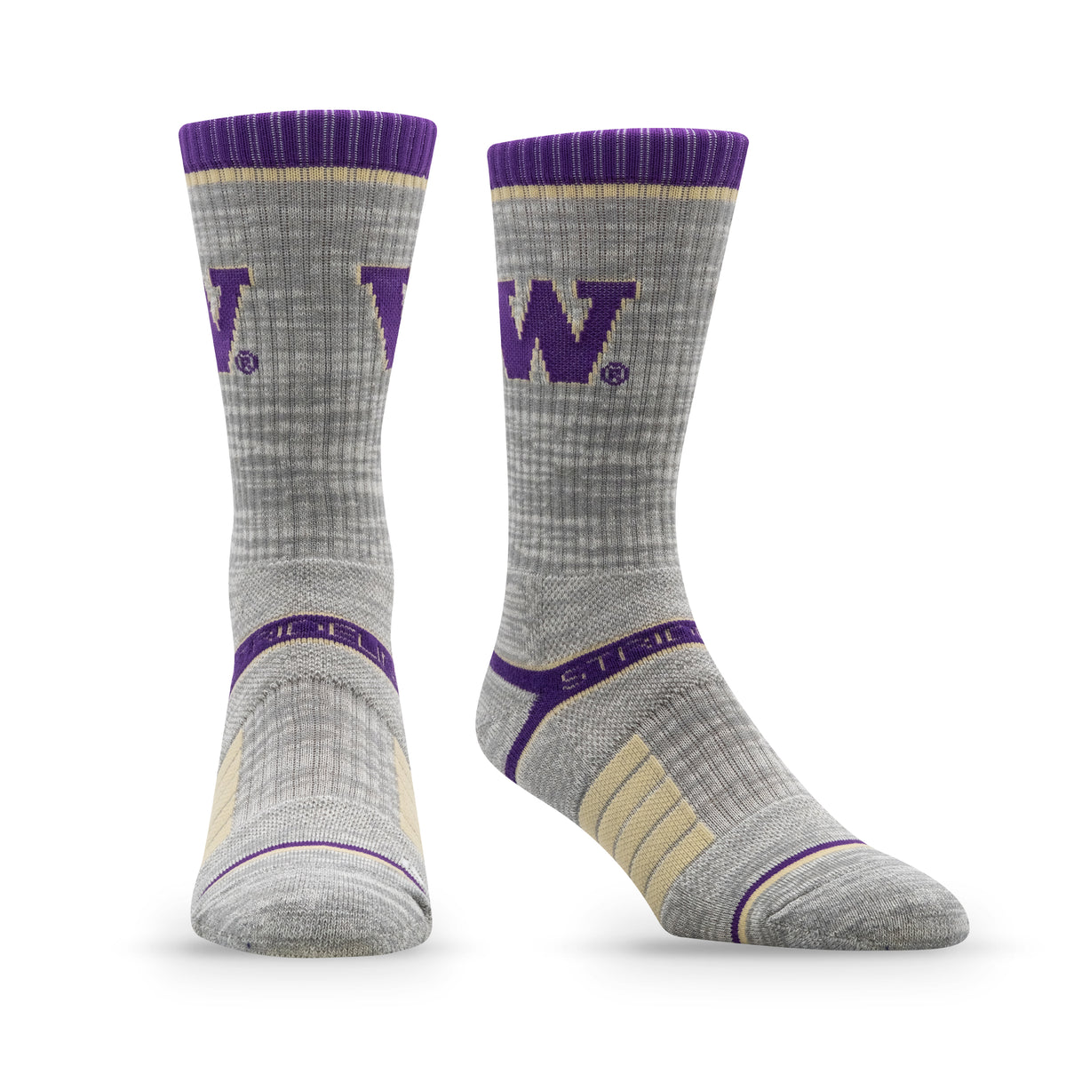 Premium wool knit socks in gray with purple accents and "W" logo for the University of Washington.