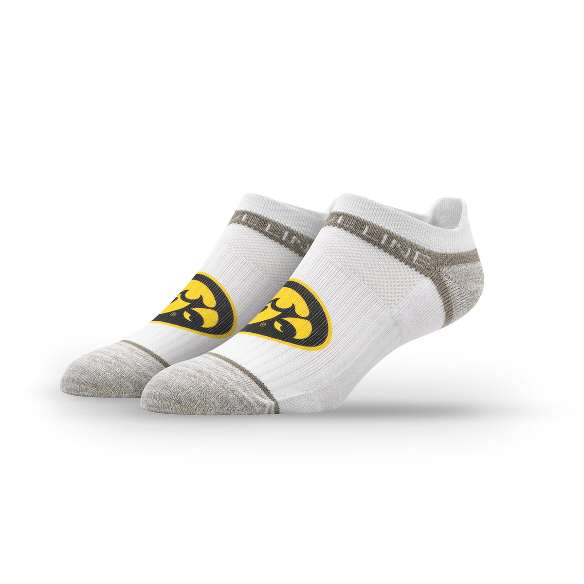 White premium low socks featuring the University of Iowa primary logo in black and gold.