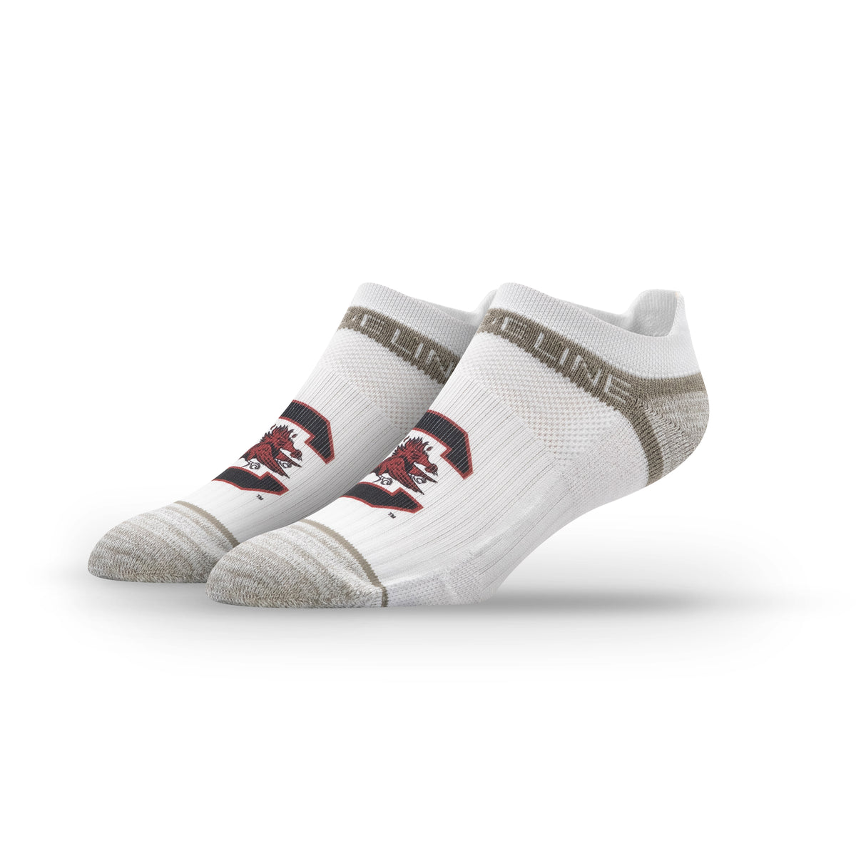White low socks featuring the University of South Carolina primary logo and a gold accent.