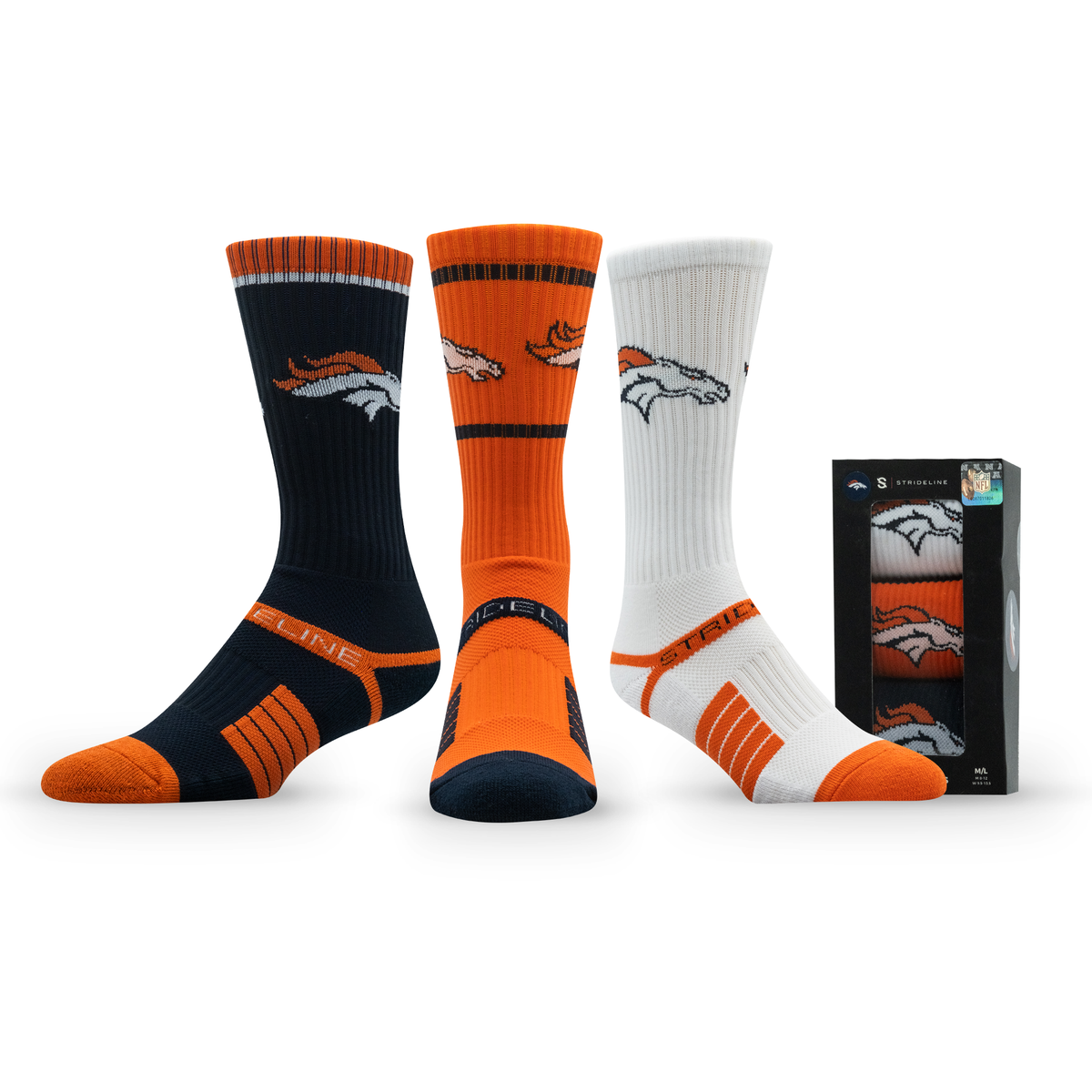 Denver Broncos: alternate view of a crew sock from the NFL Box Premium Crew Knit Socks 3-Pack