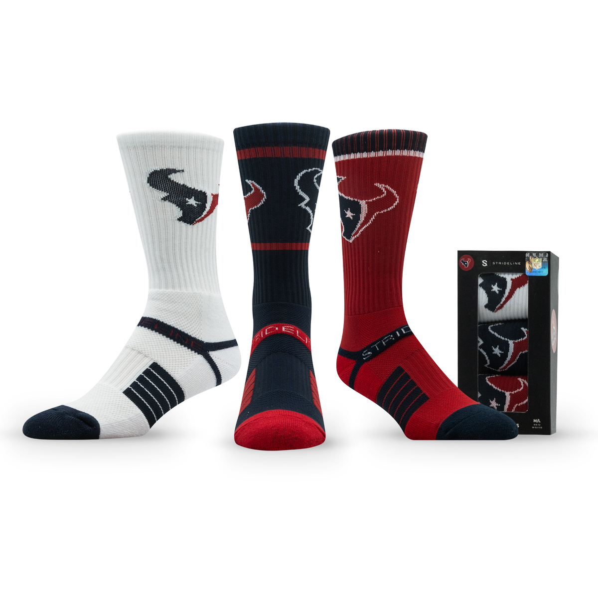 Houston Texans: alternate view of a crew sock from the NFL Box Premium Crew Knit Socks 3-Pack