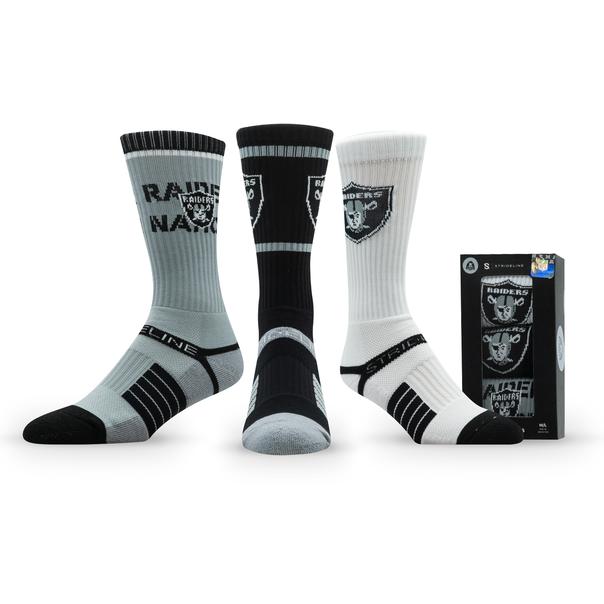 Las Vegas Raiders: alternate view of a crew sock from the NFL Box Premium Crew Knit Socks 3-Pack