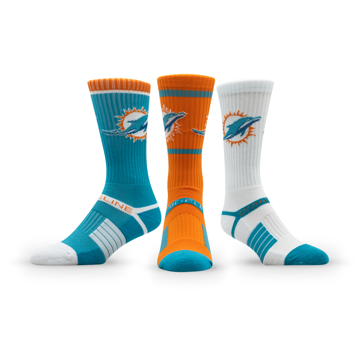 Miami Dolphins: crew sock from the NFL Box Premium Crew Knit Socks 3-Pack