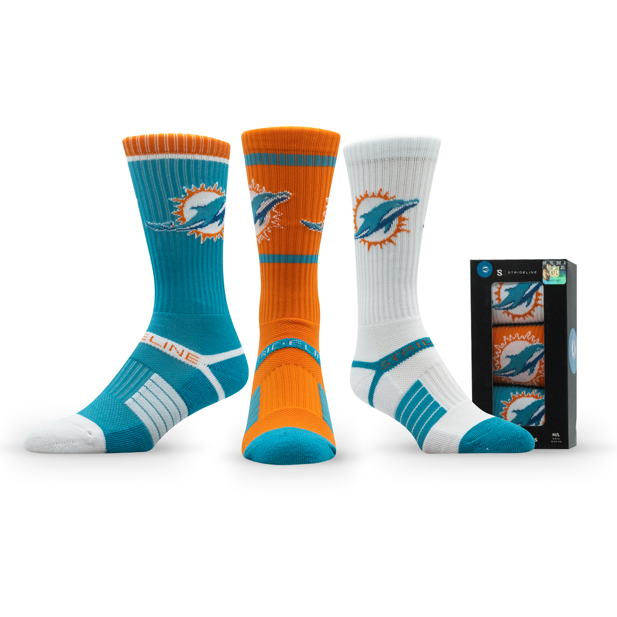 Miami Dolphins: alternate view of a crew sock from the NFL Box Premium Crew Knit Socks 3-Pack