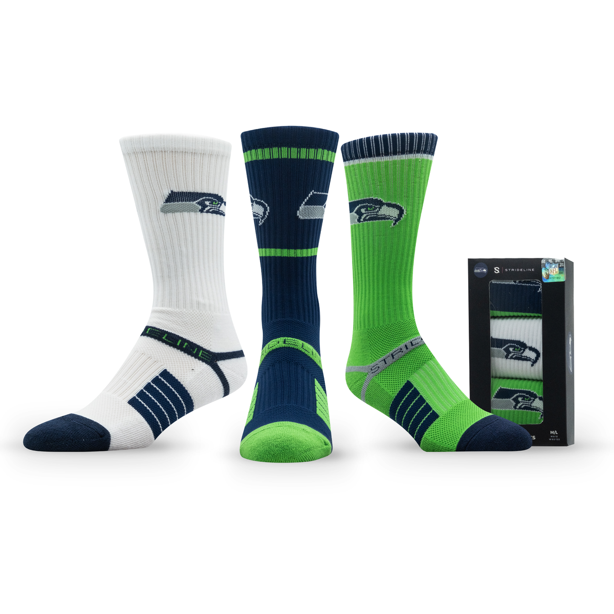 Seattle Seahawks: alternate view of a crew sock from the NFL Box Premium Crew Knit Socks 3-Pack
