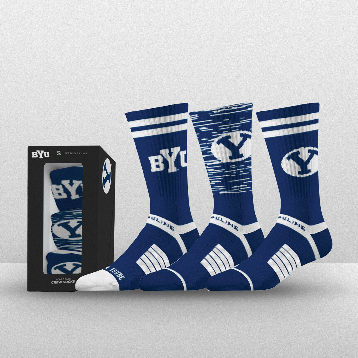 NCAA Premium Crew 3-Pack socks in navy blue featuring team logo and stripes. Perfect for fans.