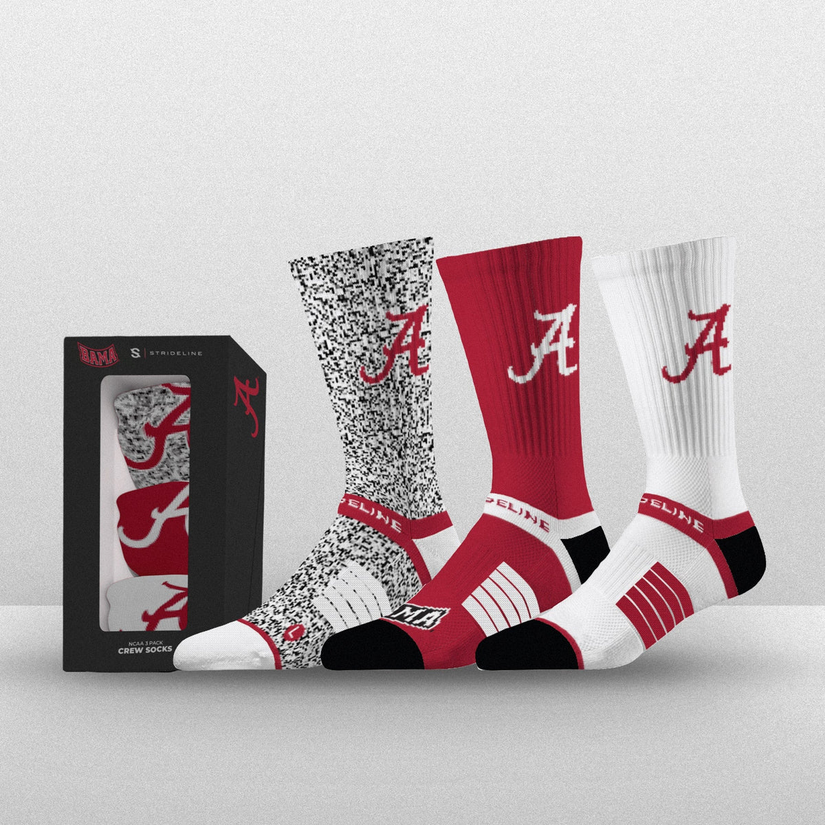 NCAA Premium Crew 3-Pack featuring red, white, and patterned socks for fans.