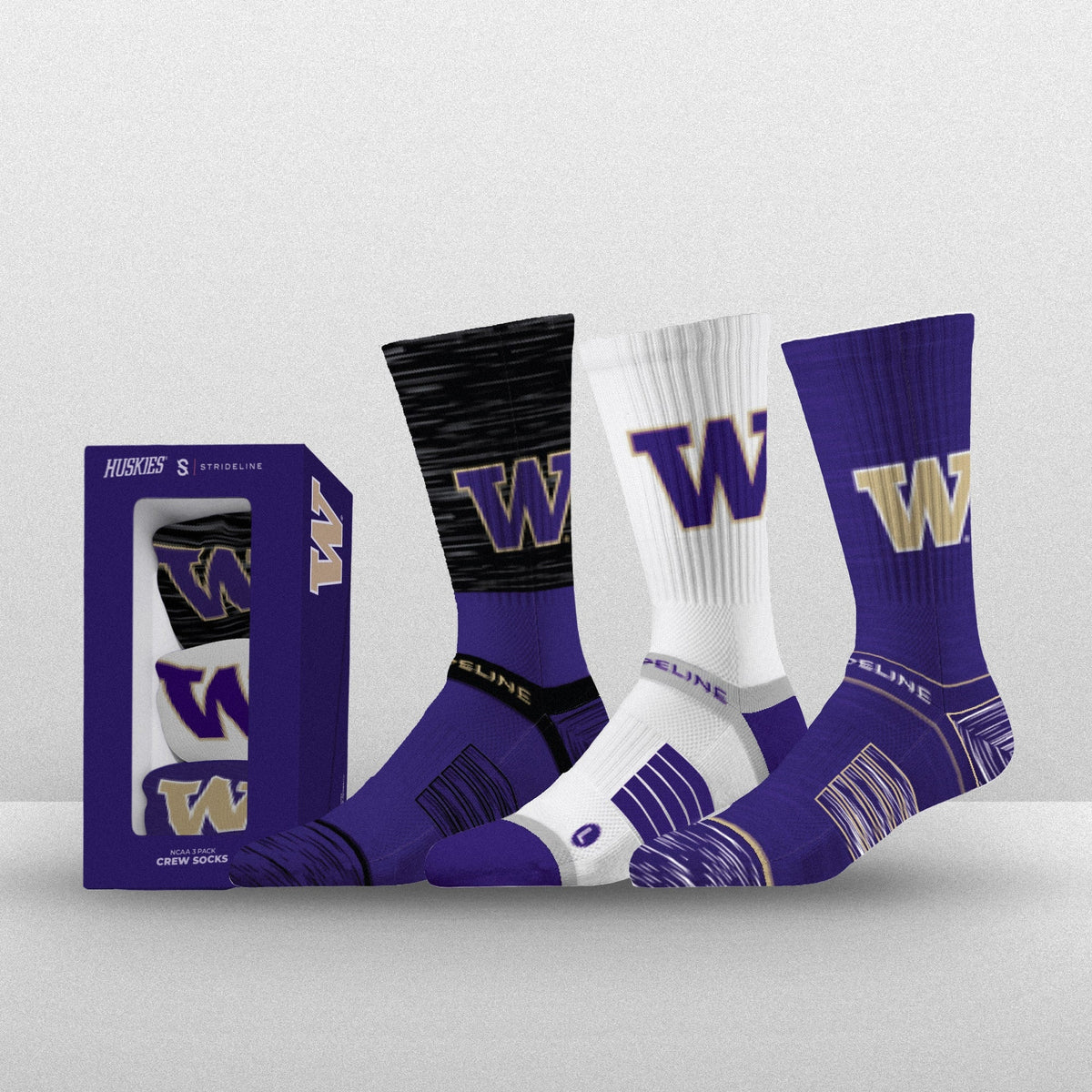 NCAA Premium Crew 3-Pack featuring black, white, and purple socks with team logo. Perfect for fanwear.