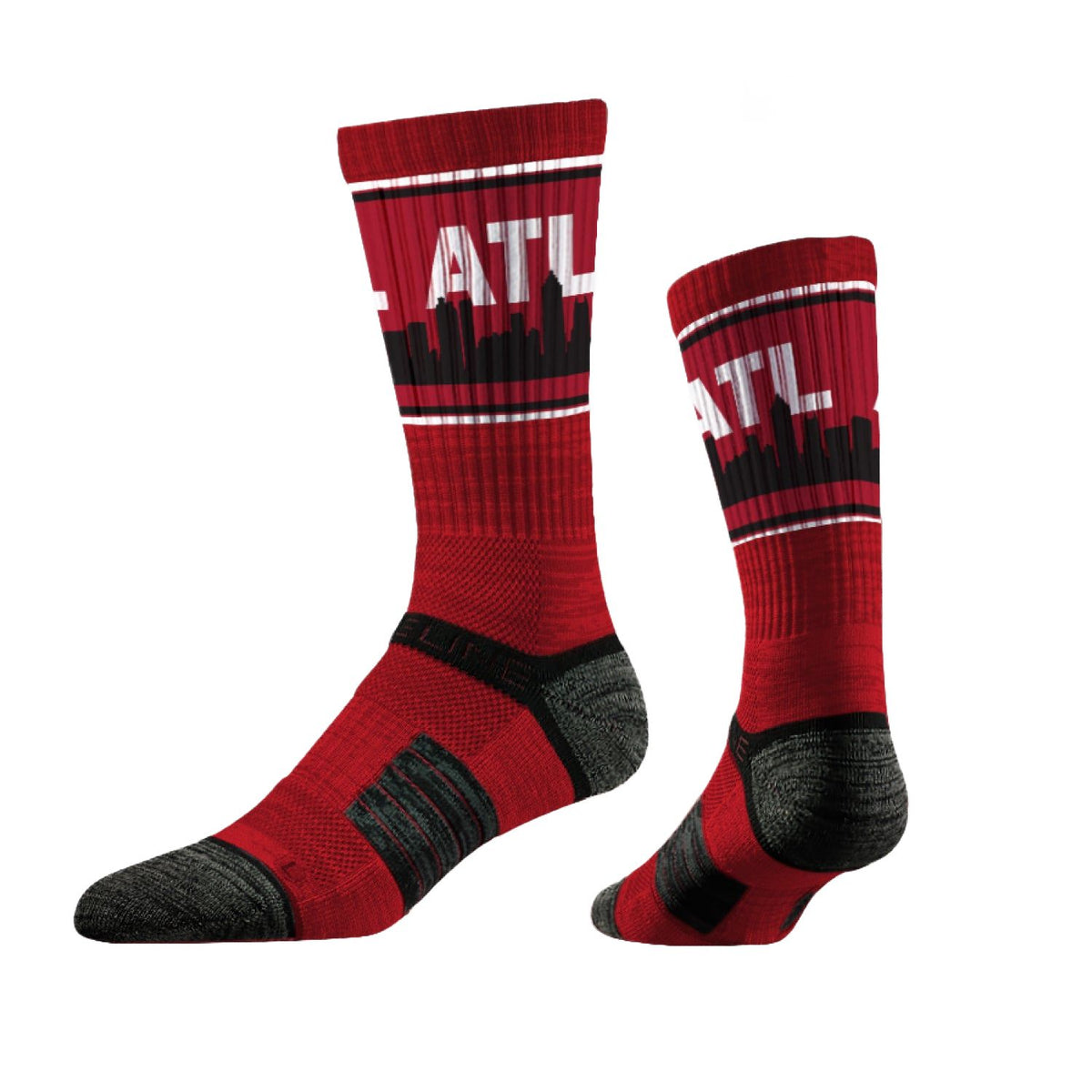 Skyline Crews Collection red and black socks featuring skyline design and "ATL" text. Limited Edition.