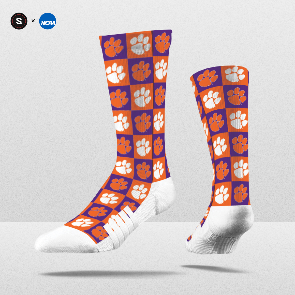 NCAA 70s Checkered socks in orange and purple with paw print design, limited edition crew fanwear.