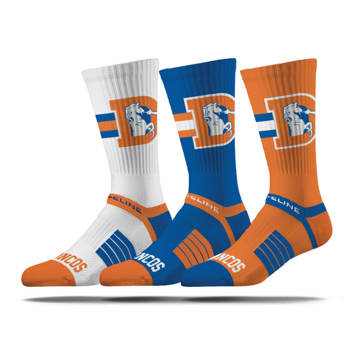 NFL 3 Pack socks featuring retro designs in white, blue, and orange with team logos.