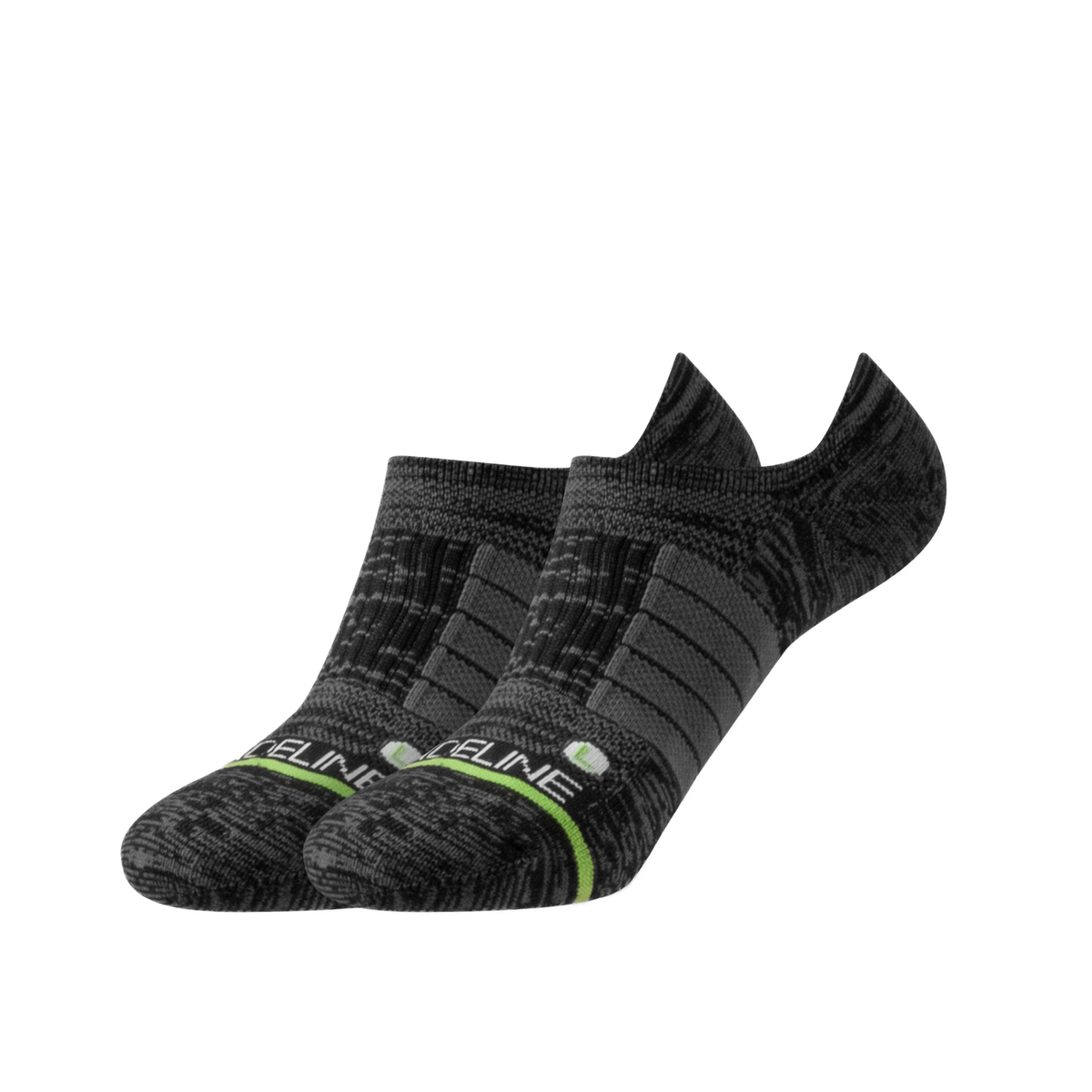 Eco Premium No Show Socks in black with a textured design and green accents.