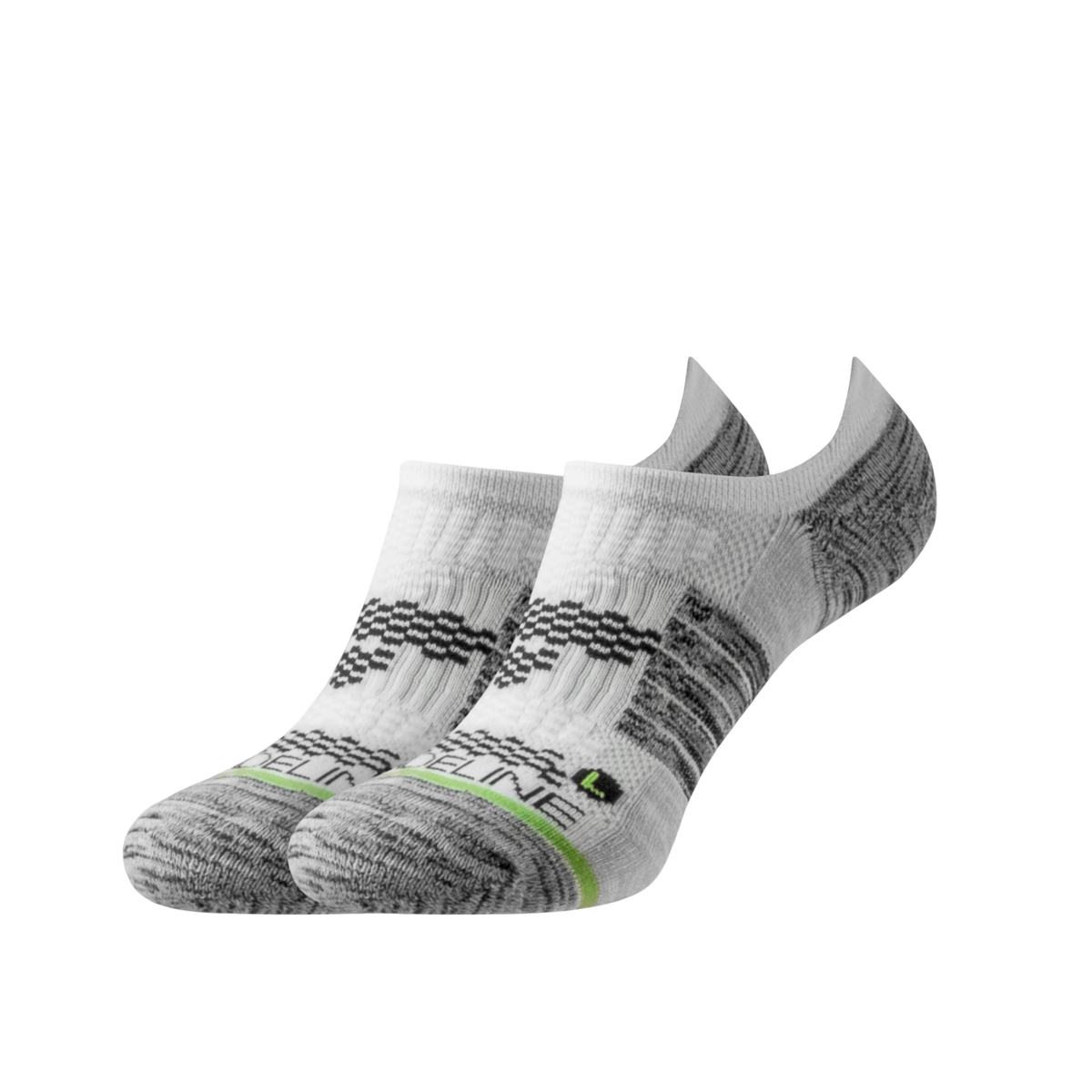 Eco Premium No Show Socks in white with gray accents and green logo. Perfect for everyday wear.