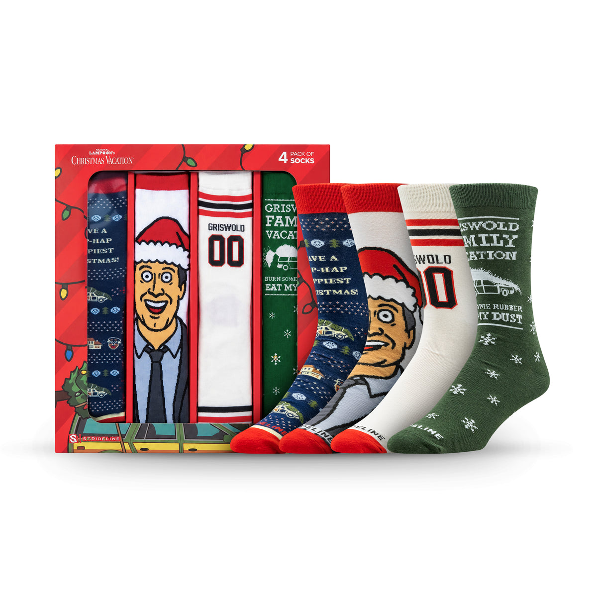 Four pairs of themed socks featuring holiday designs and a character in a Santa hat from a Christmas movie.