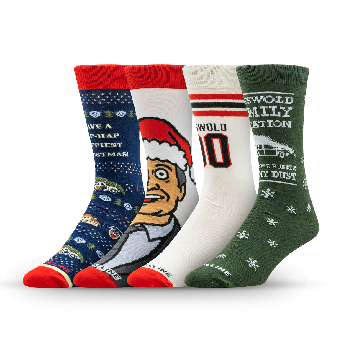 Four pairs of festive socks featuring holiday designs, including cars, Santa, and playful text.